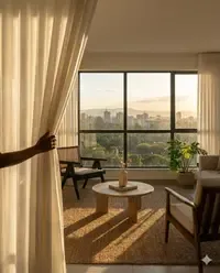 Luxury curtains with a warm sunset city view